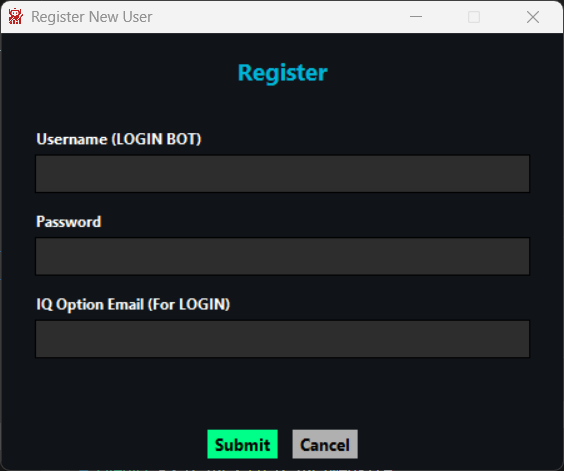 Register new user screen