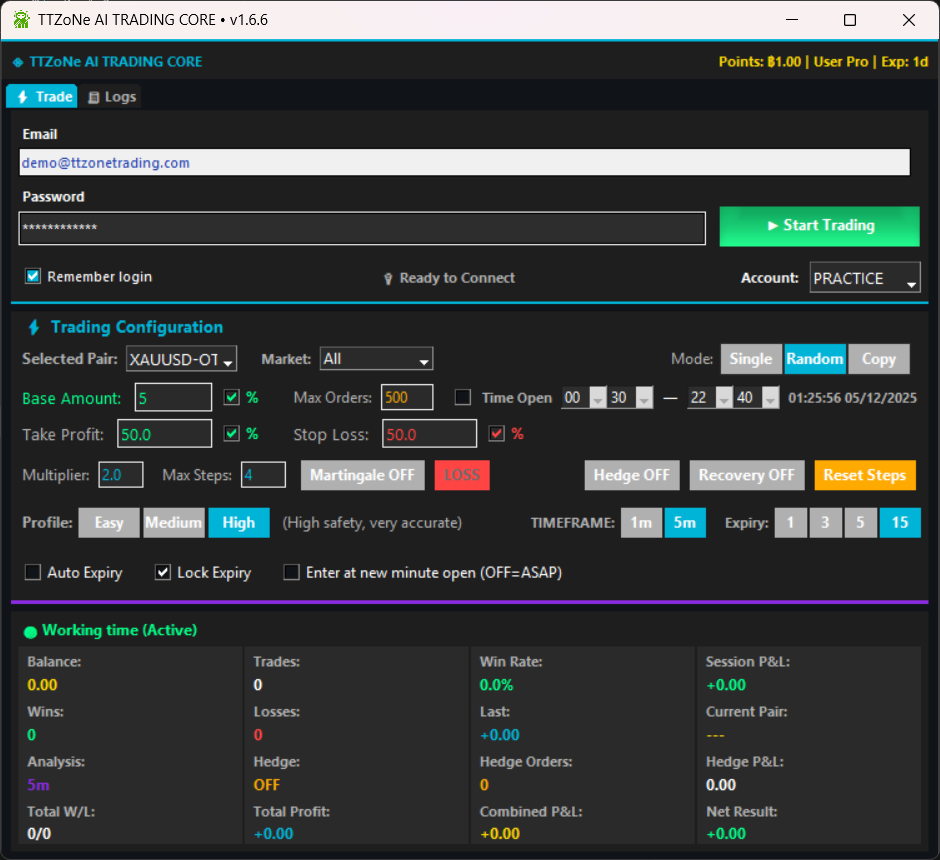 TTZoNe AI TRADING CORE main screen