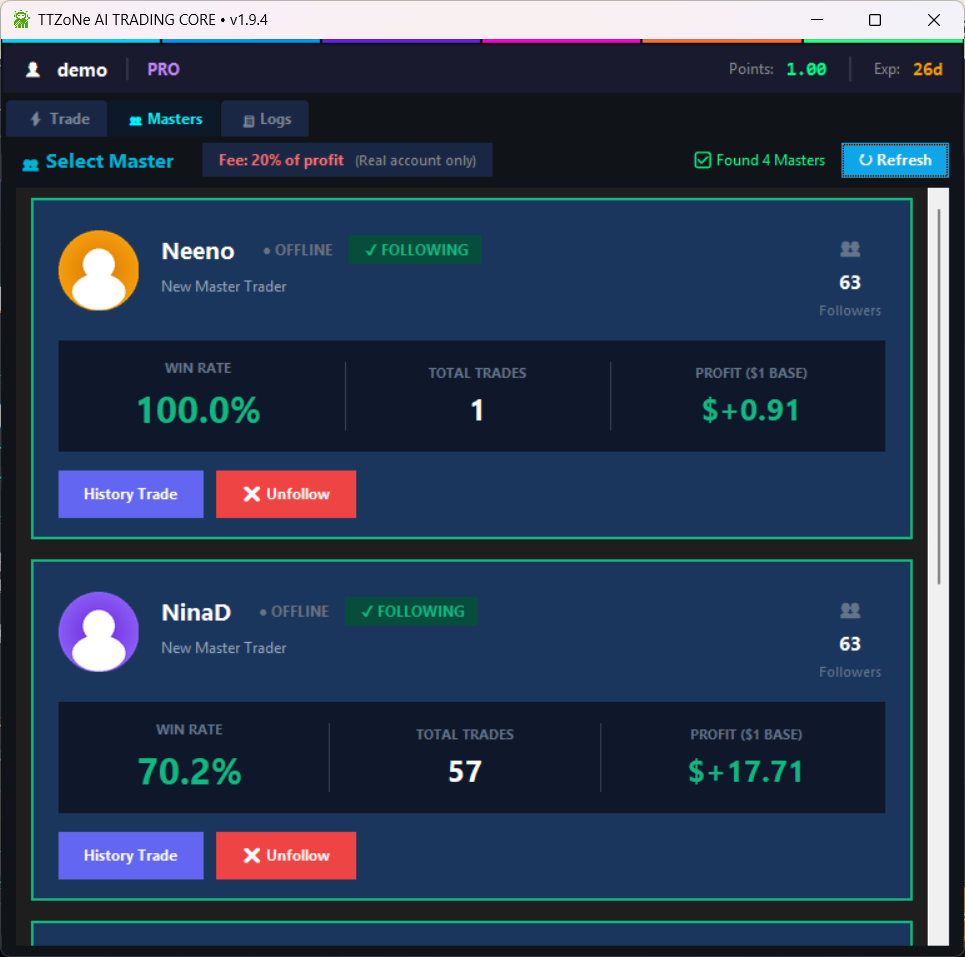 Copy Trade Mode - Masters Tab